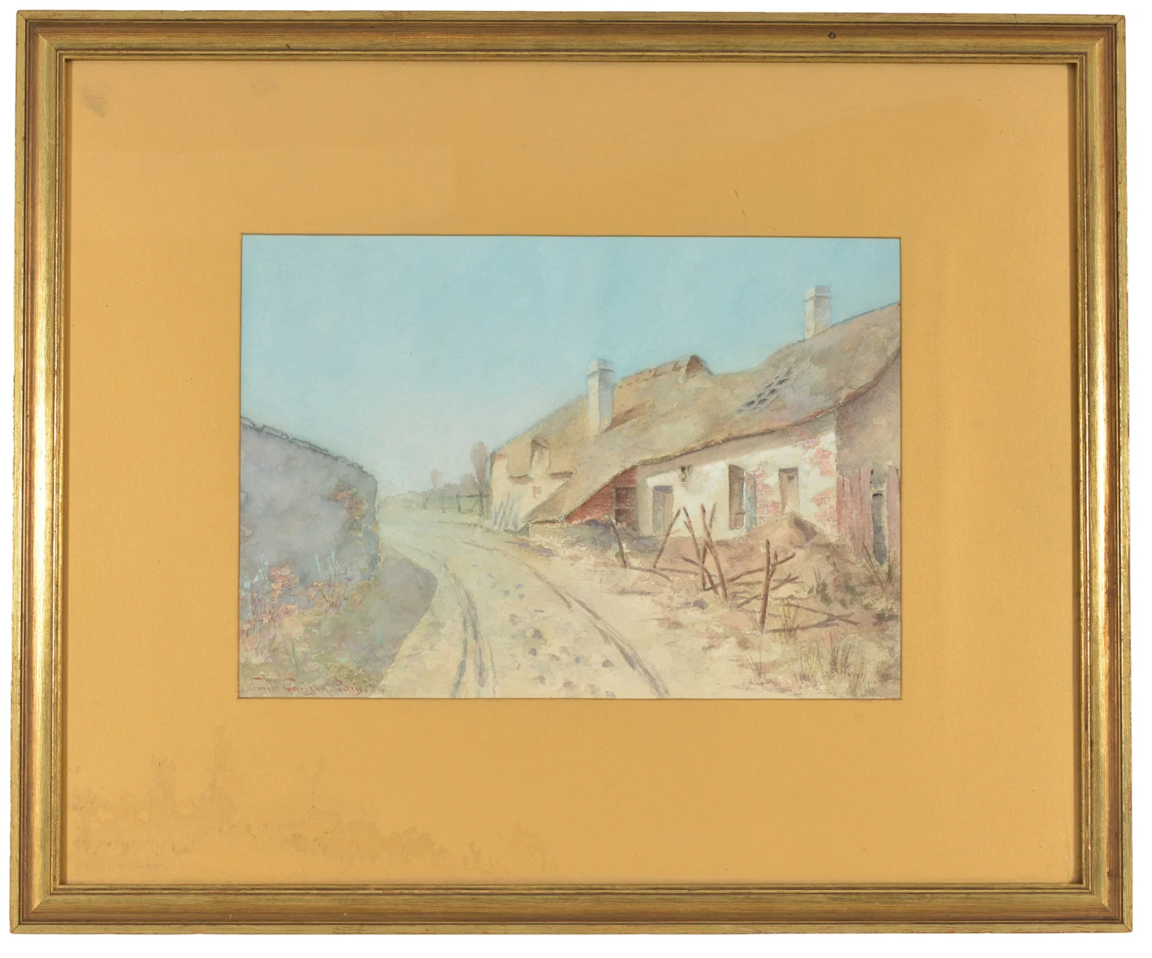 Emile Carlson, Paris 1890. French village with lane and cottage. Watercolor