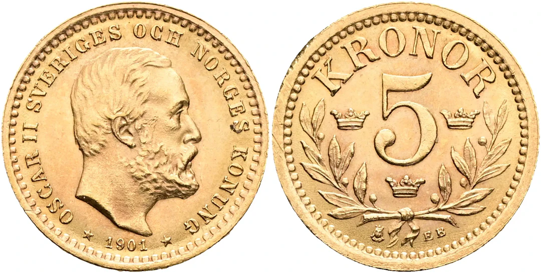 OSKAR II (1872-1907). 5 kronor 1901