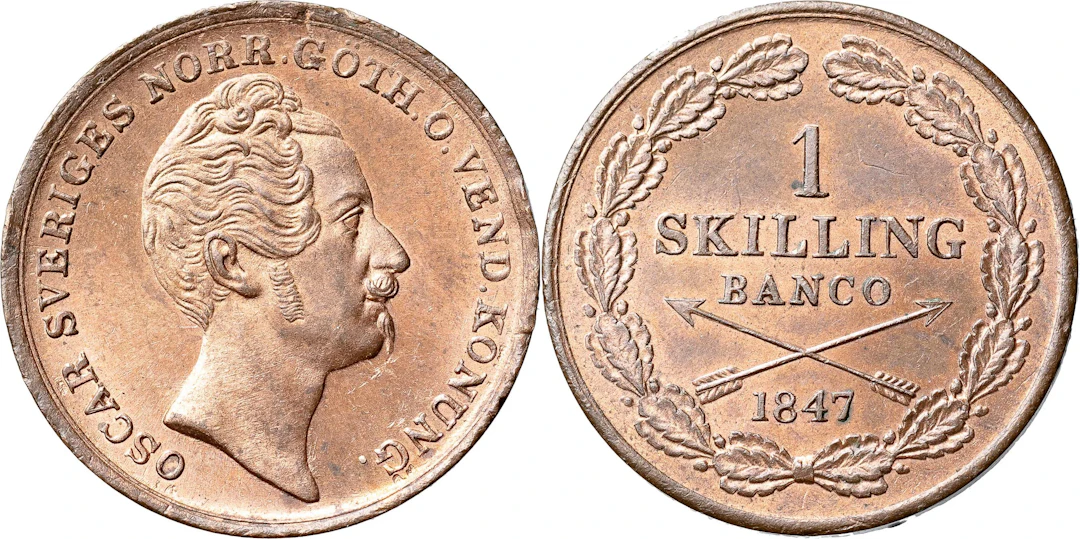 OSKAR I (1844-1859). Skilling banco 1847. SM 90