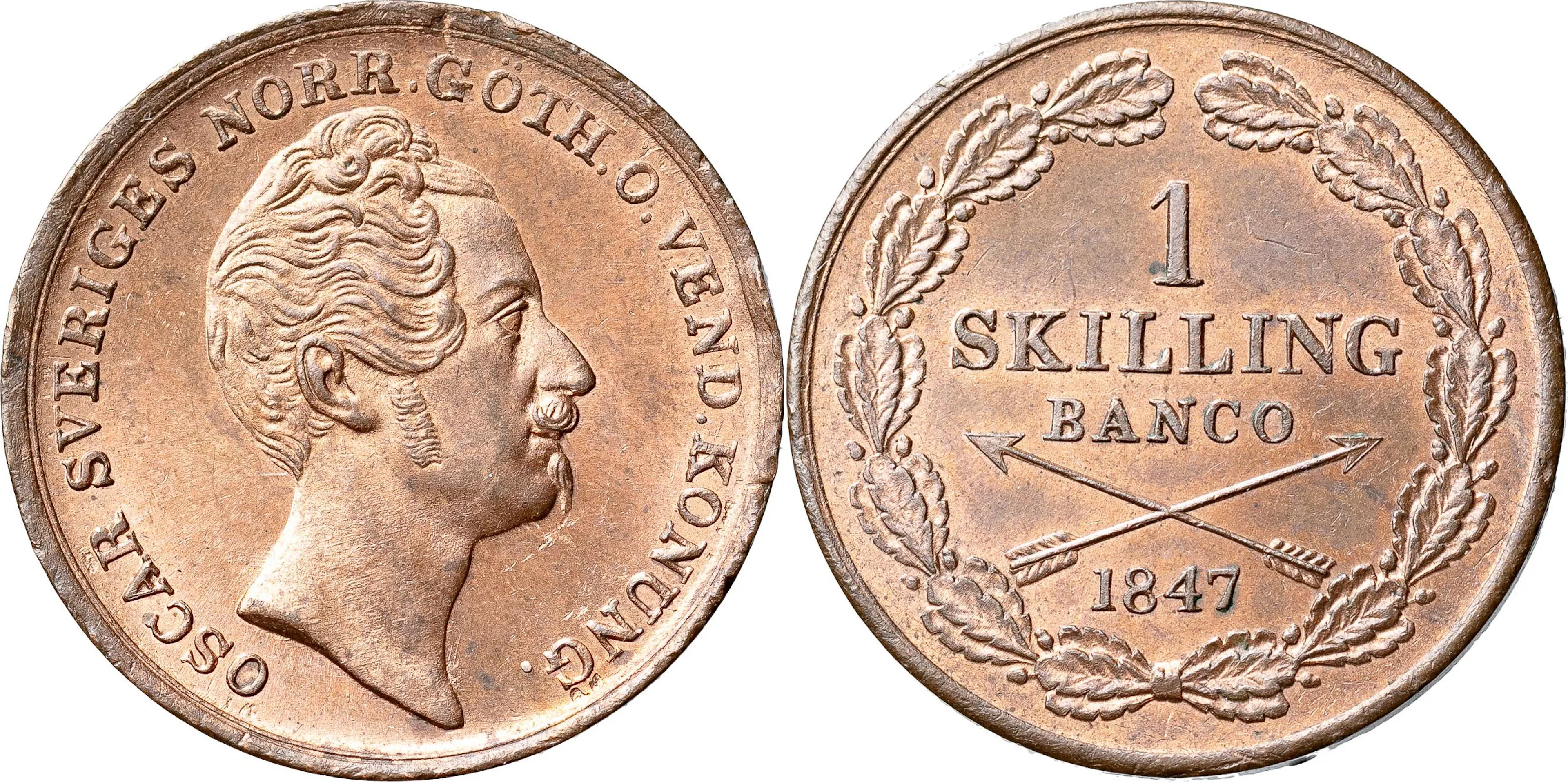 OSKAR I (1844-1859). Skilling banco 1847. SM 90