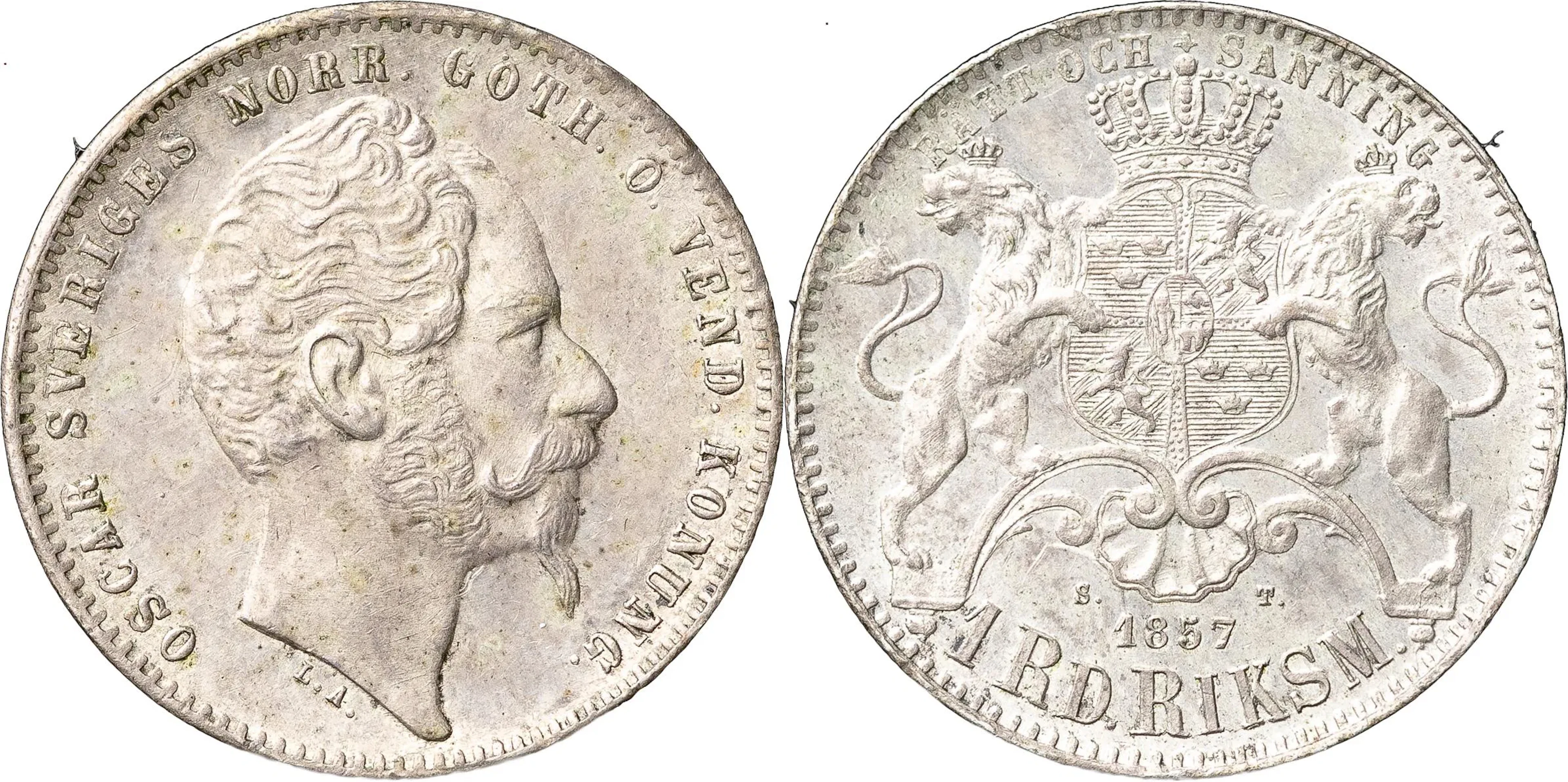 OSKAR I (1844-1859). Riksdaler riksmynt 1857. Längre pipskägg