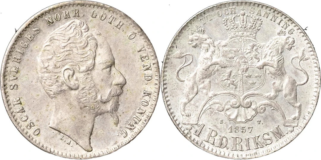 OSKAR I (1844-1859). Riksdaler riksmynt 1857. Längre pipskägg