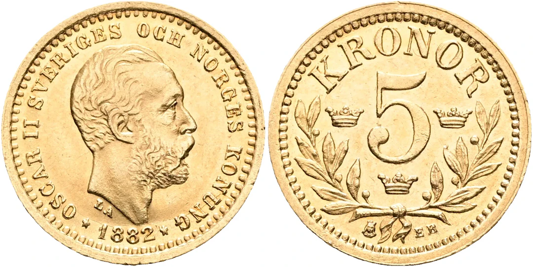 OSKAR II (1872-1907). 5 kronor 1882