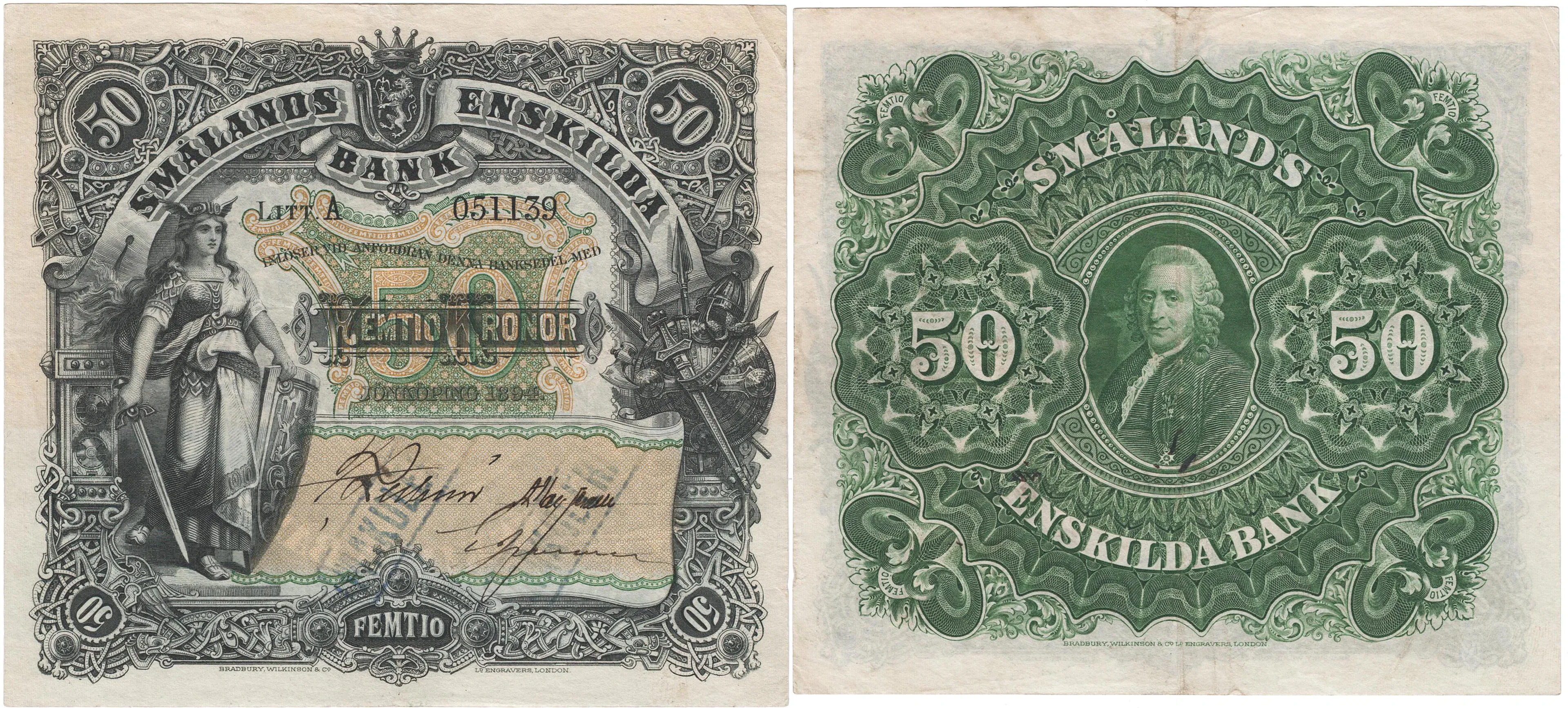 SMÅLANDS ENSKILDA BANK. Sjunde oktrojen. 50 kronor 1894