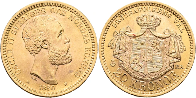 OSKAR II (1872-1907). 20 kronor 1880
