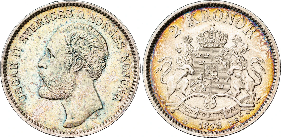 OSKAR II (1872-1907). 2 kronor 1878. Äldre typ med O i omskriften