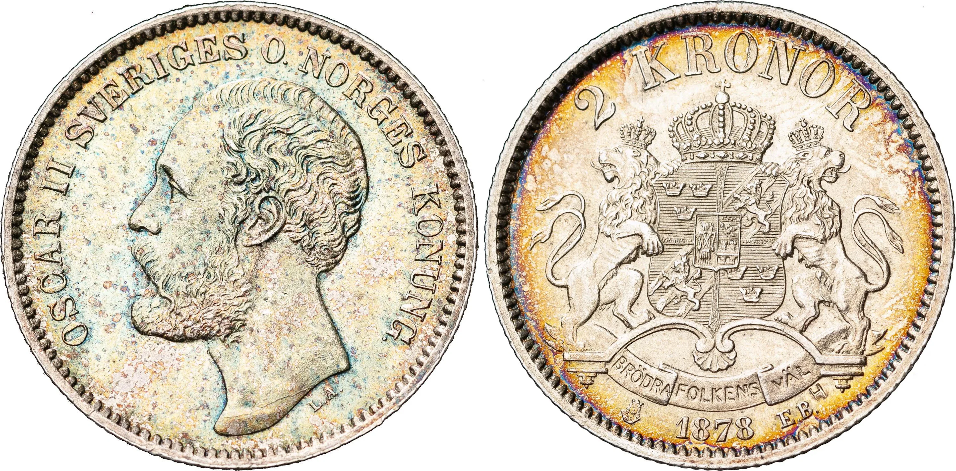 OSKAR II (1872-1907). 2 kronor 1878. Äldre typ med O i omskriften