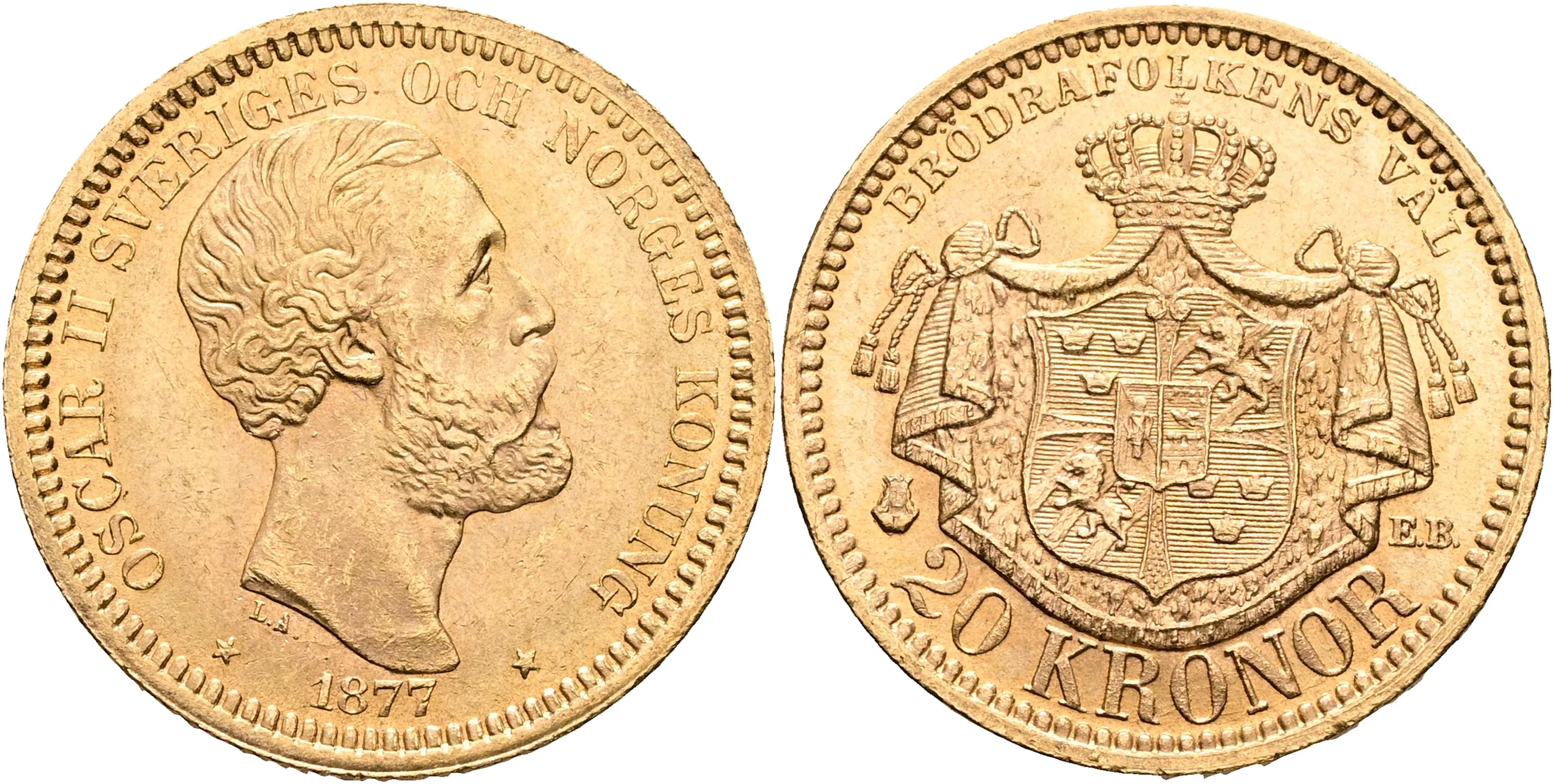 OSKAR II (1872-1907). 20 kronor 1877