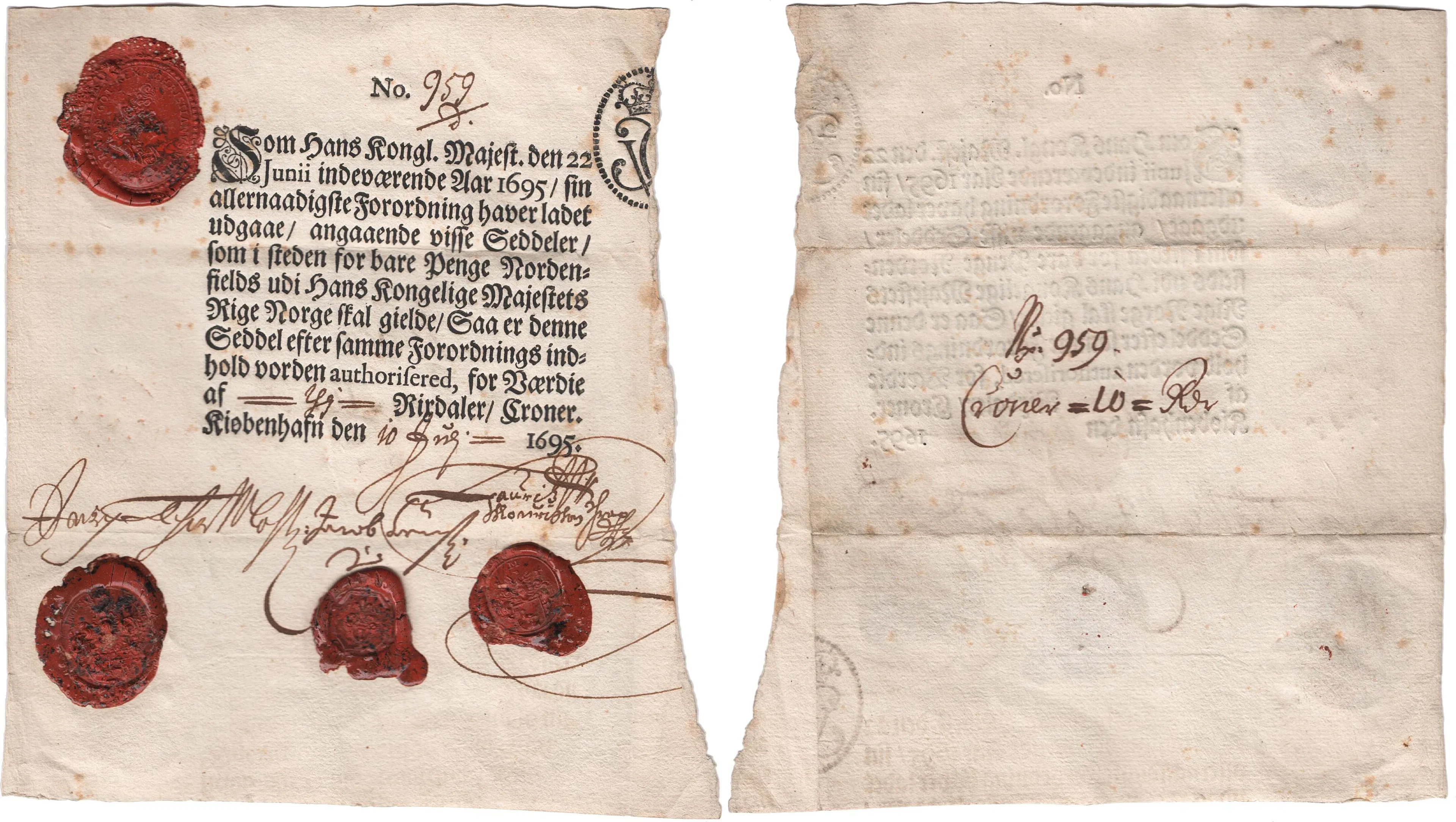 DANMARK / DENMARK. Christian V (1670-1699). 10 rixdaler/croner 1695