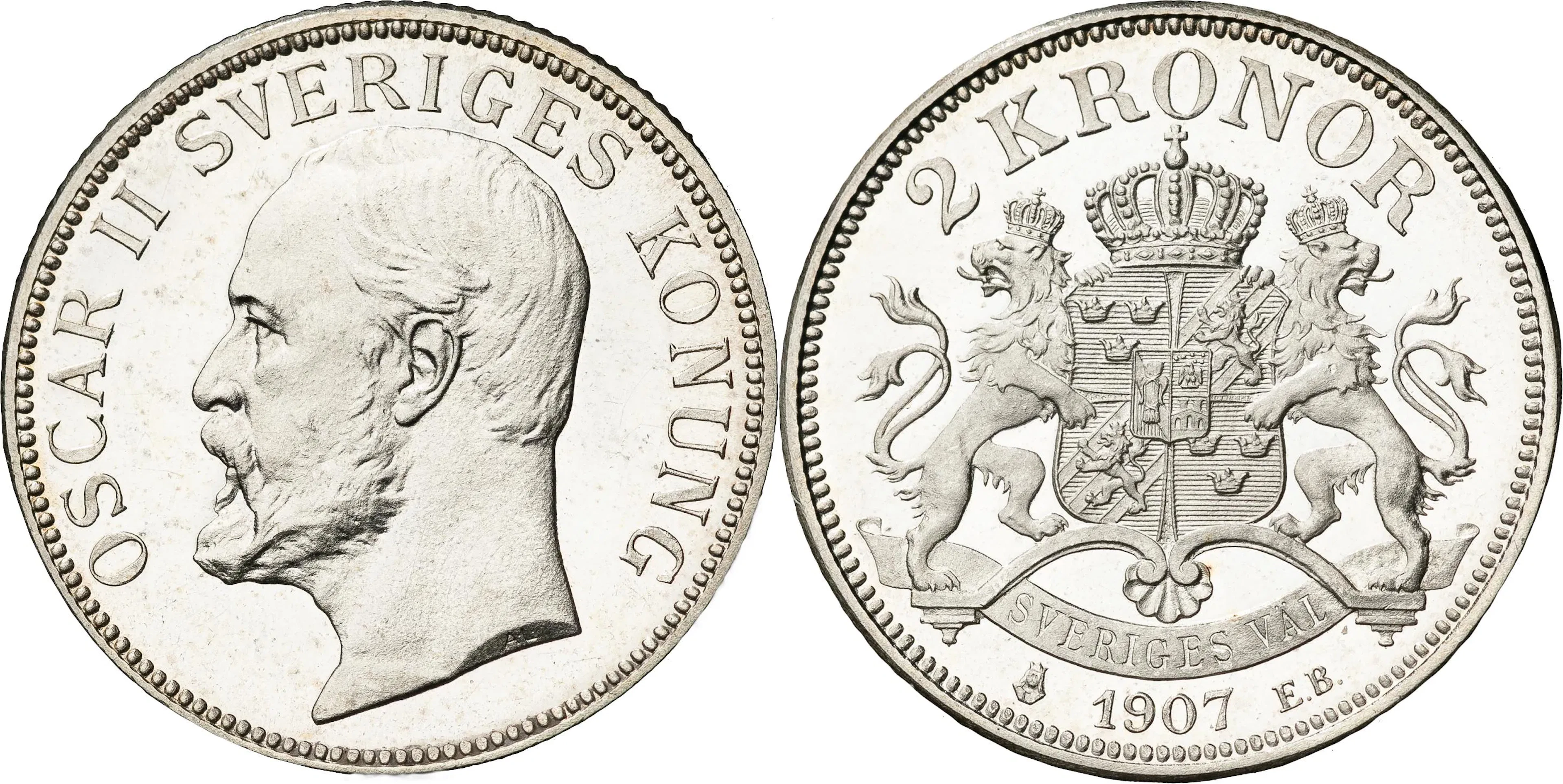 OSKAR II (1872-1907). 2 kronor 1907. SM 60