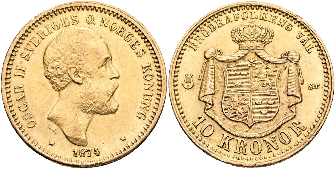 OSKAR II (1872-1907). 10 kronor 1874