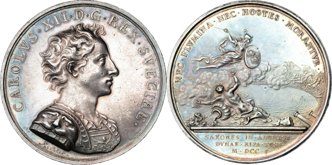 KARL XII (1697-1718). Kungen går över floden Düna och besegrar de