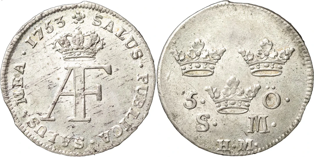 ADOLF FREDRIK (1751-1771). STOCKHOLM. 5 öre 1753