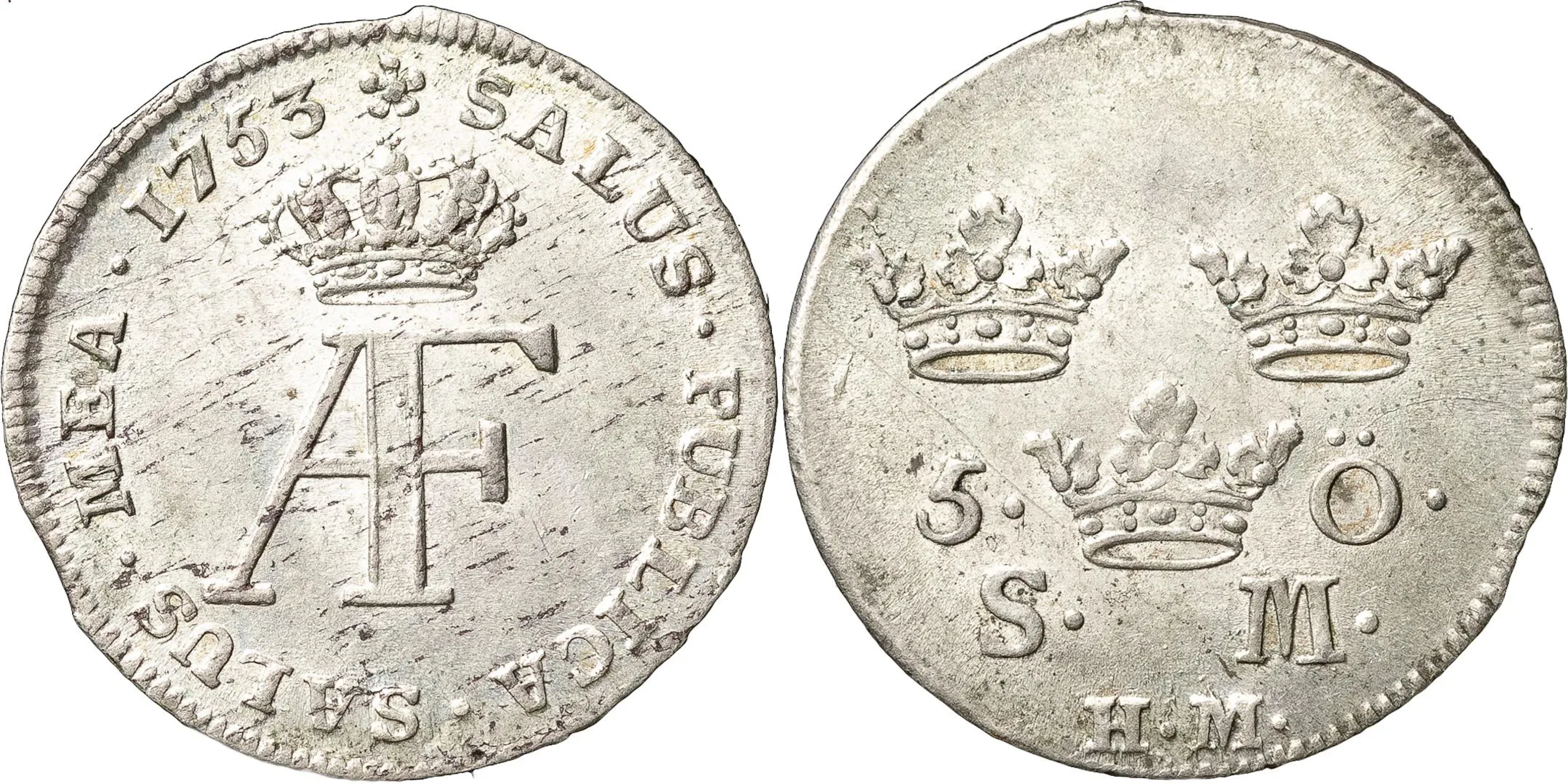 ADOLF FREDRIK (1751-1771). STOCKHOLM. 5 öre 1753