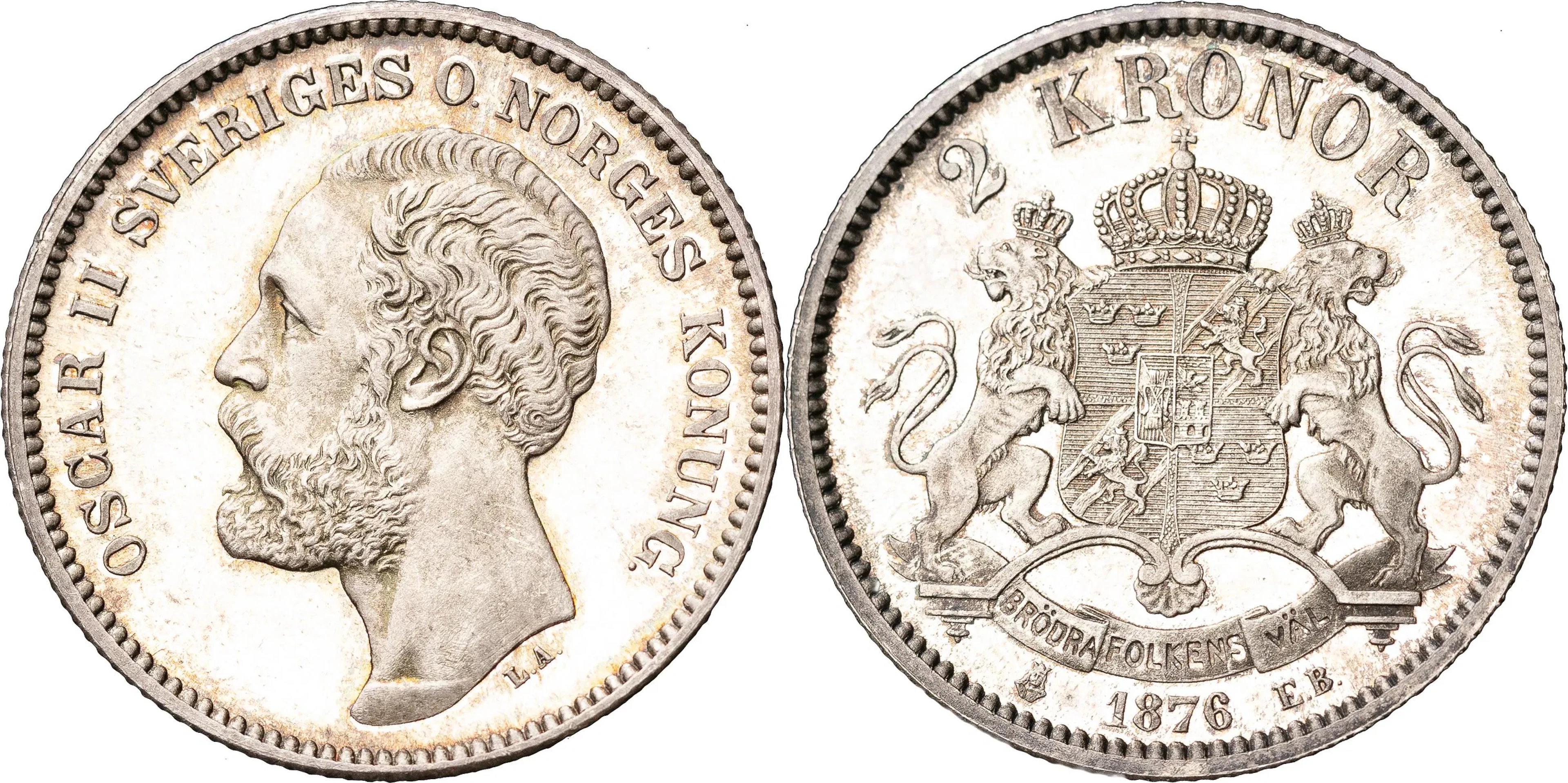 OSKAR II (1872-1907). 2 kronor 1876. Hopträngt årtal