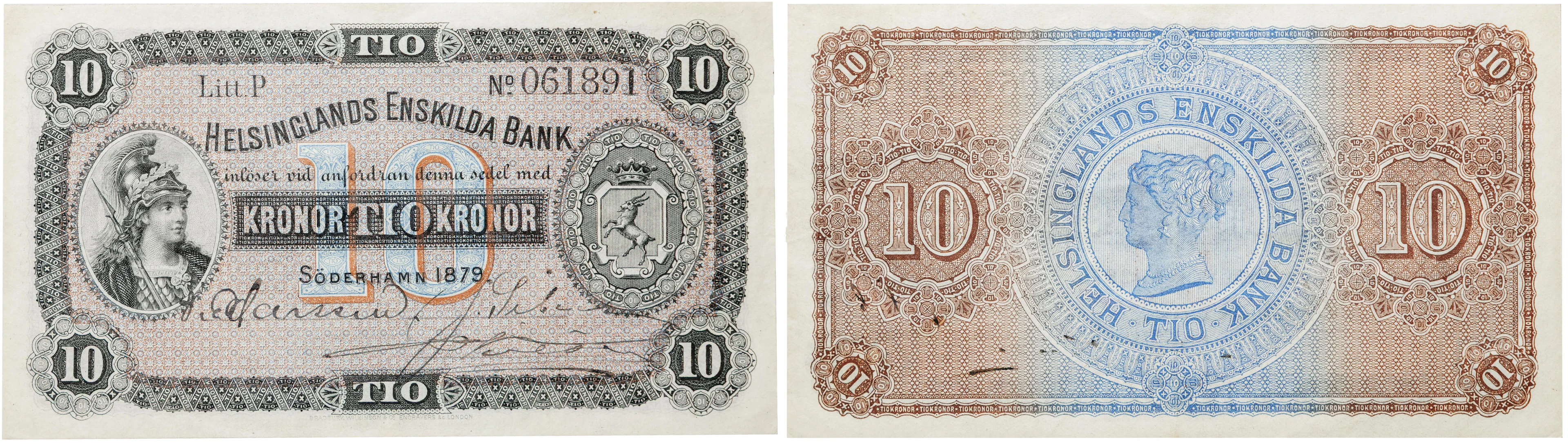 HELSINGLANDS ENSKILDA BANK. Första oktrojen. 10 kronor 1879
