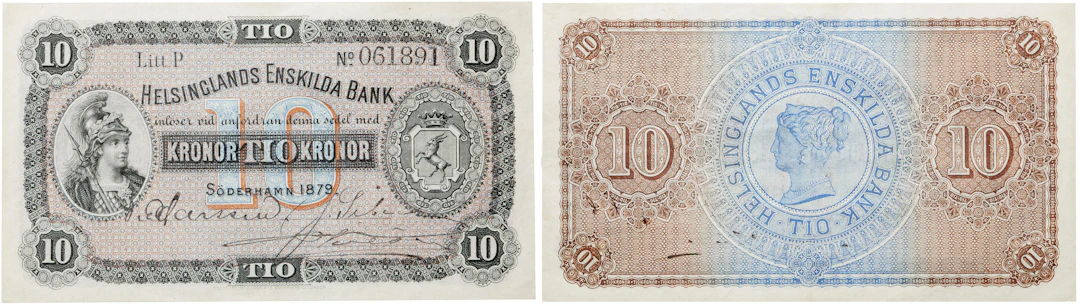 HELSINGLANDS ENSKILDA BANK. Första oktrojen. 10 kronor 1879