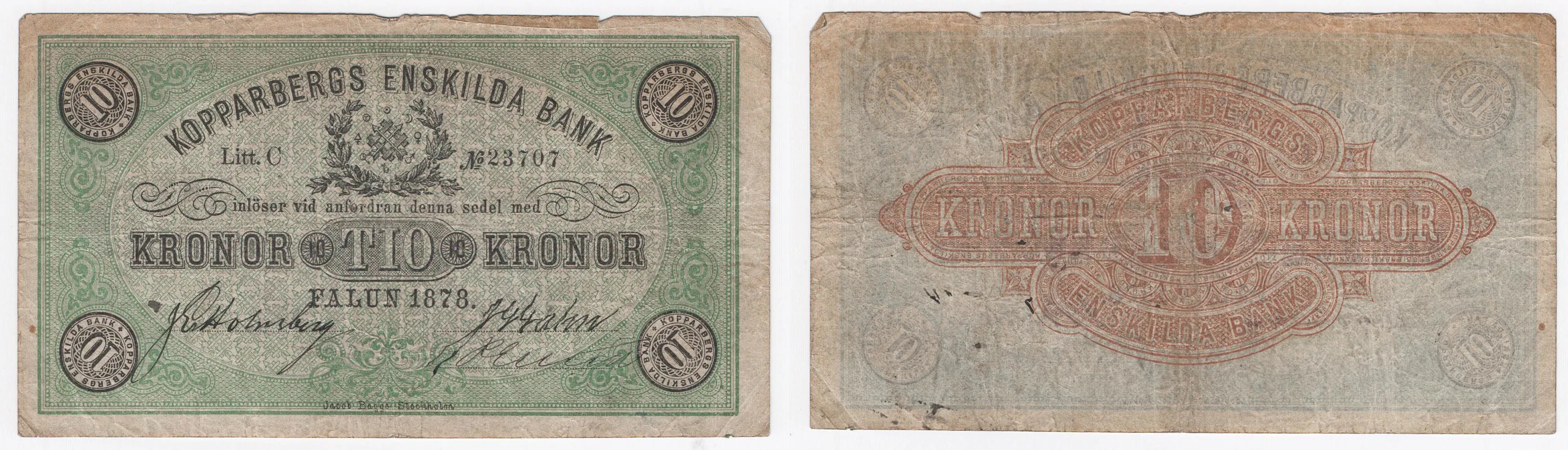 STORA KOPPRABERGS LÄNS OCH BERGSLAGS ENSKILDA BANK. 10 kronor 1878