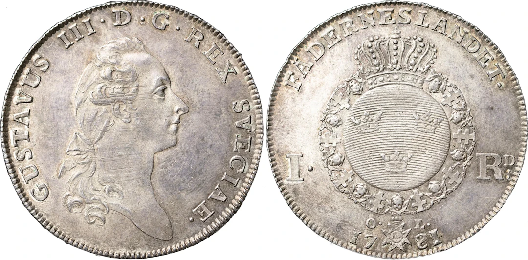 GUSTAV III (1771-1792). STOCKHOLM. Riksdaler 1781 (årtalssiffran 81 på 79)