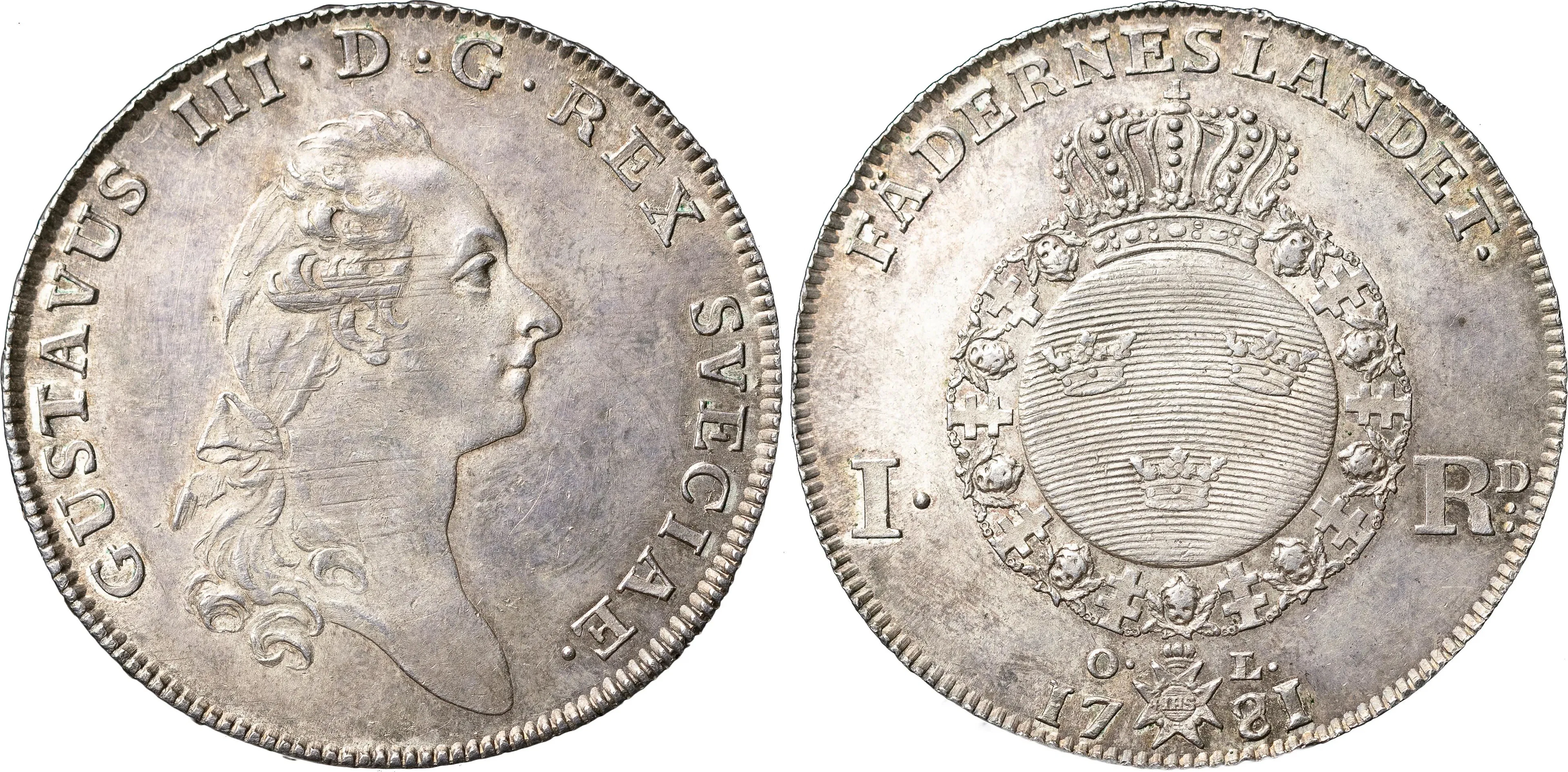 GUSTAV III (1771-1792). STOCKHOLM. Riksdaler 1781 (årtalssiffran 81 på 79)