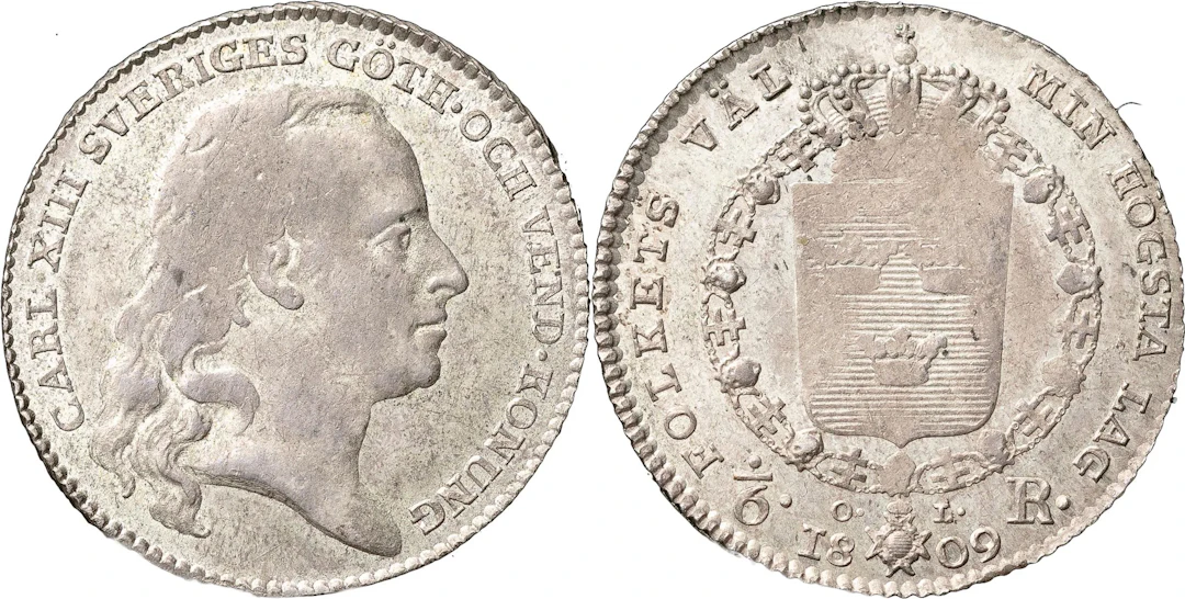 KARL XIII (1809-1818). STOCKHOLM. 1/6 riksdaler 1809