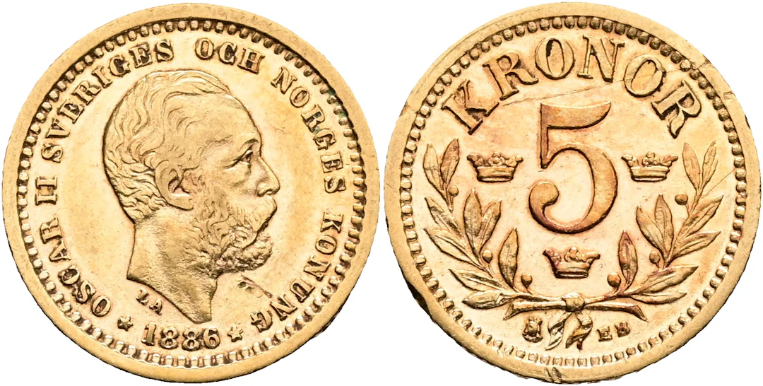 OSKAR II (1872-1907). 5 kronor 1886