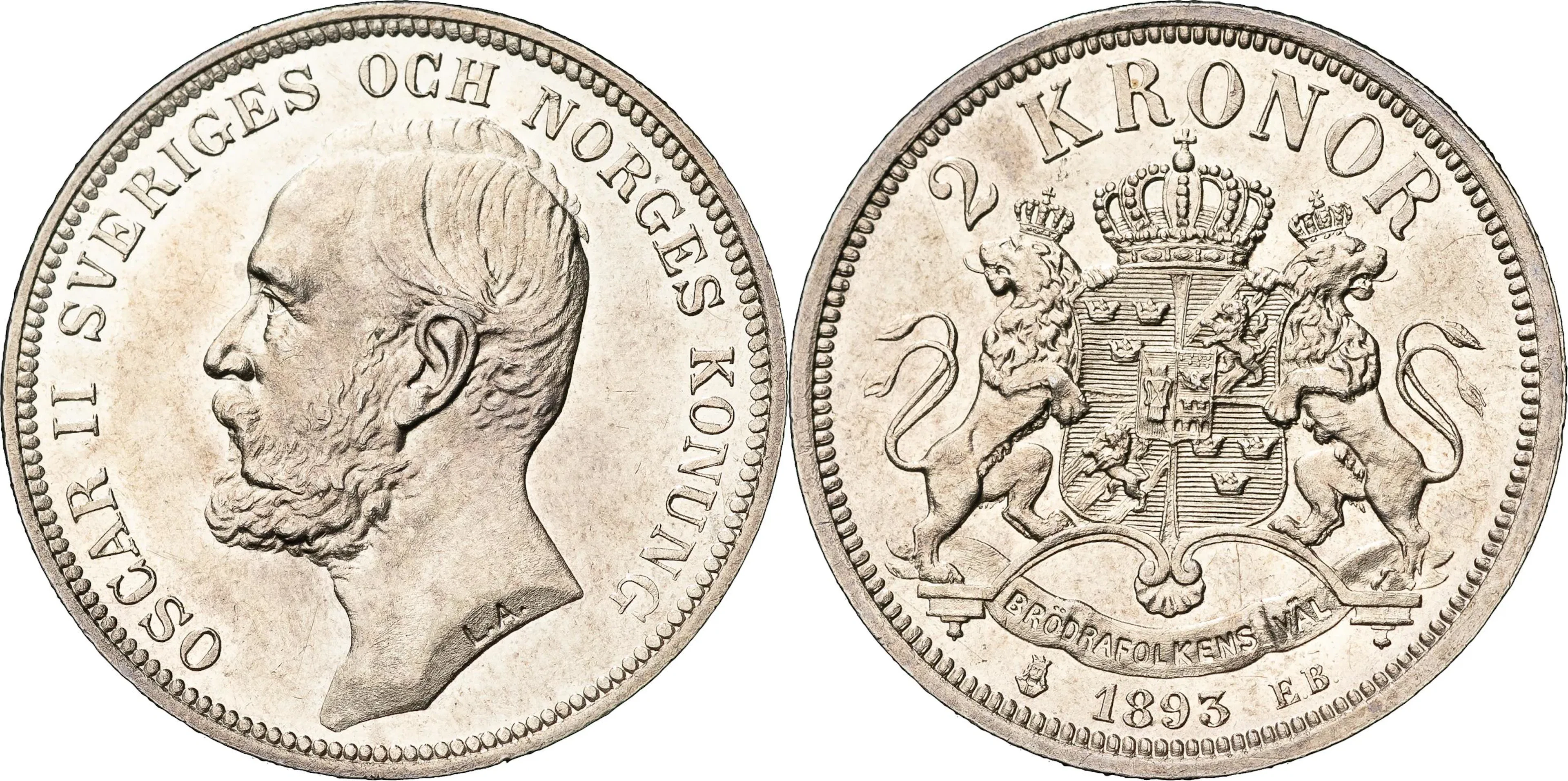 OSKAR II (1872-1907). 2 kronor 1893. SM 52