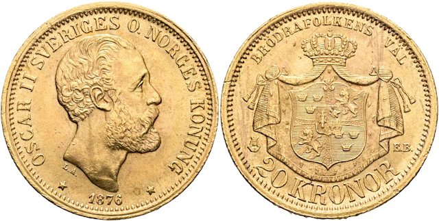 OSKAR II (1872-1907). 20 kronor 1876