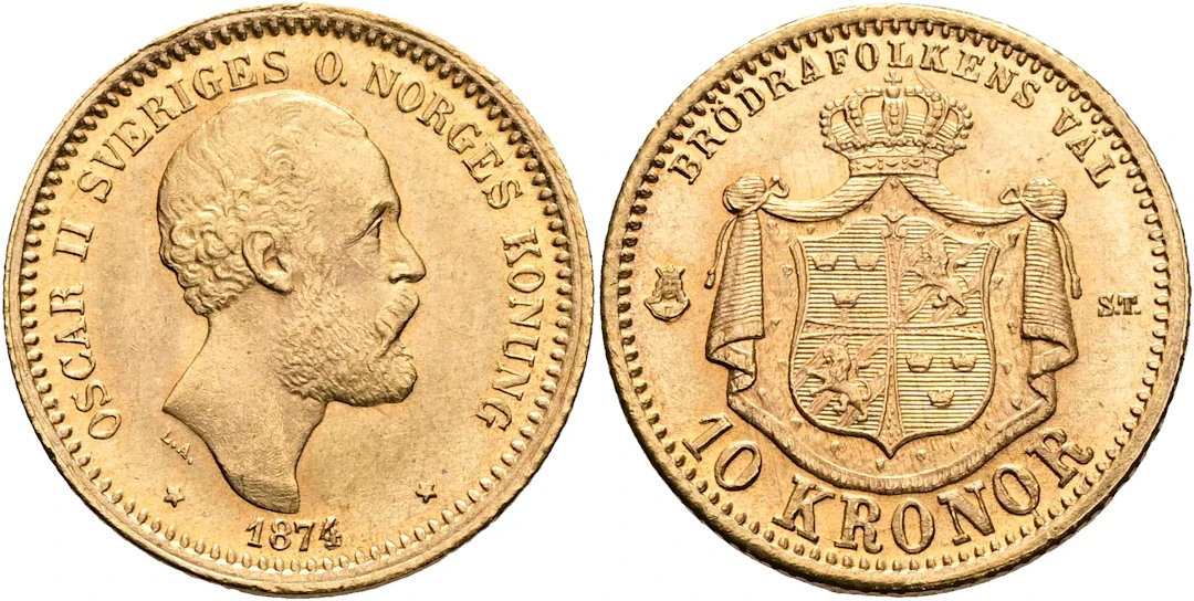 OSKAR II (1872-1907). 10 kronor 1874