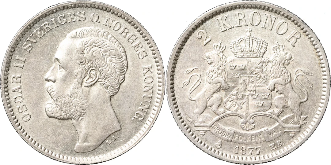 OSKAR II (1872-1907). 2 kronor 1877. SM 45