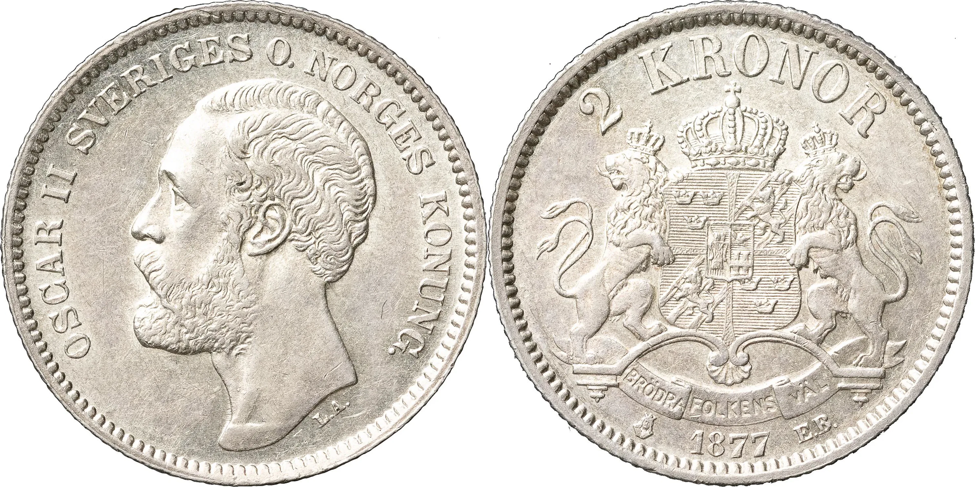 OSKAR II (1872-1907). 2 kronor 1877. SM 45