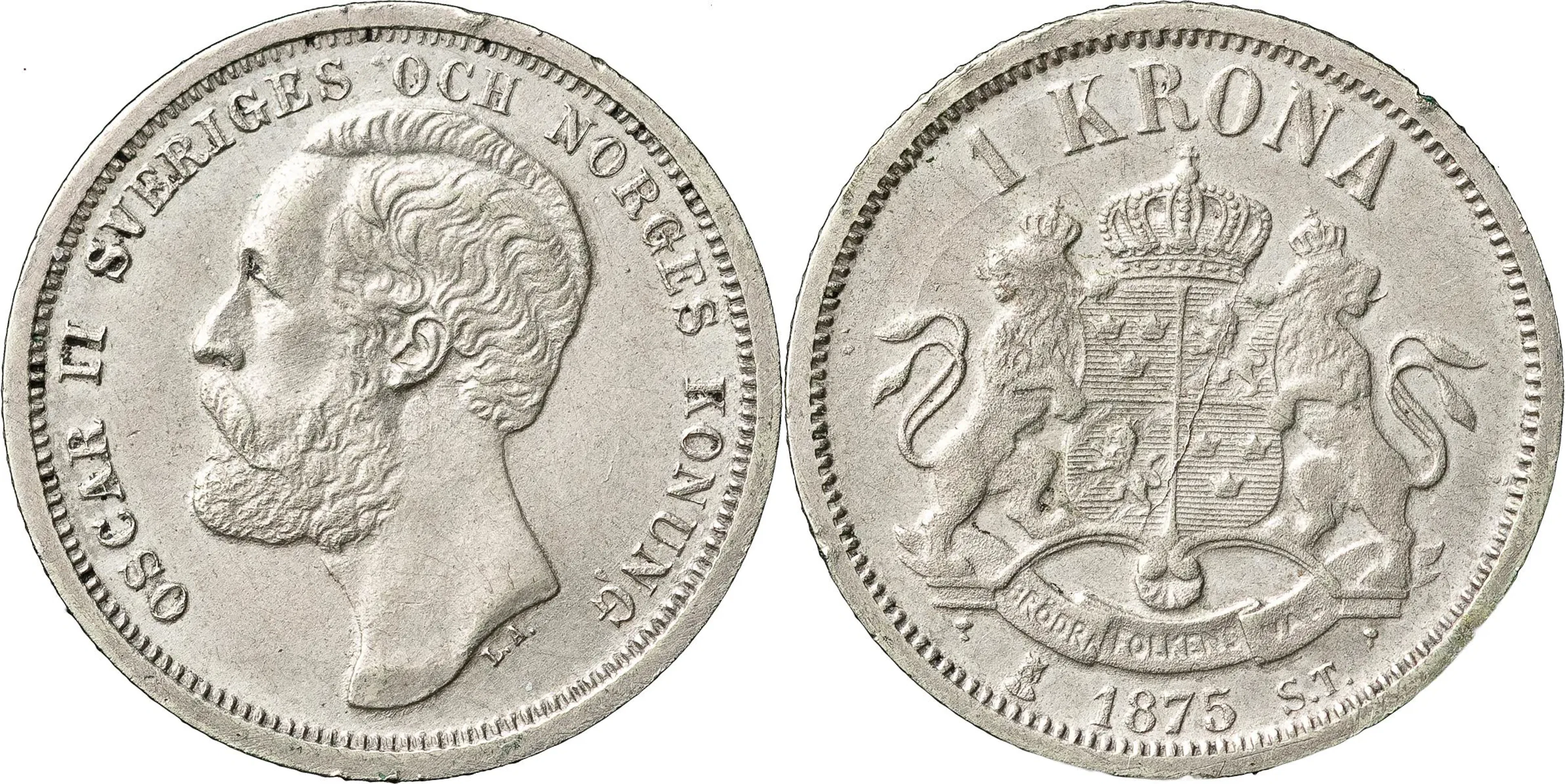 OSKAR II (1872-1907). Krona 1875. Samtida förfalskning av den så kallade