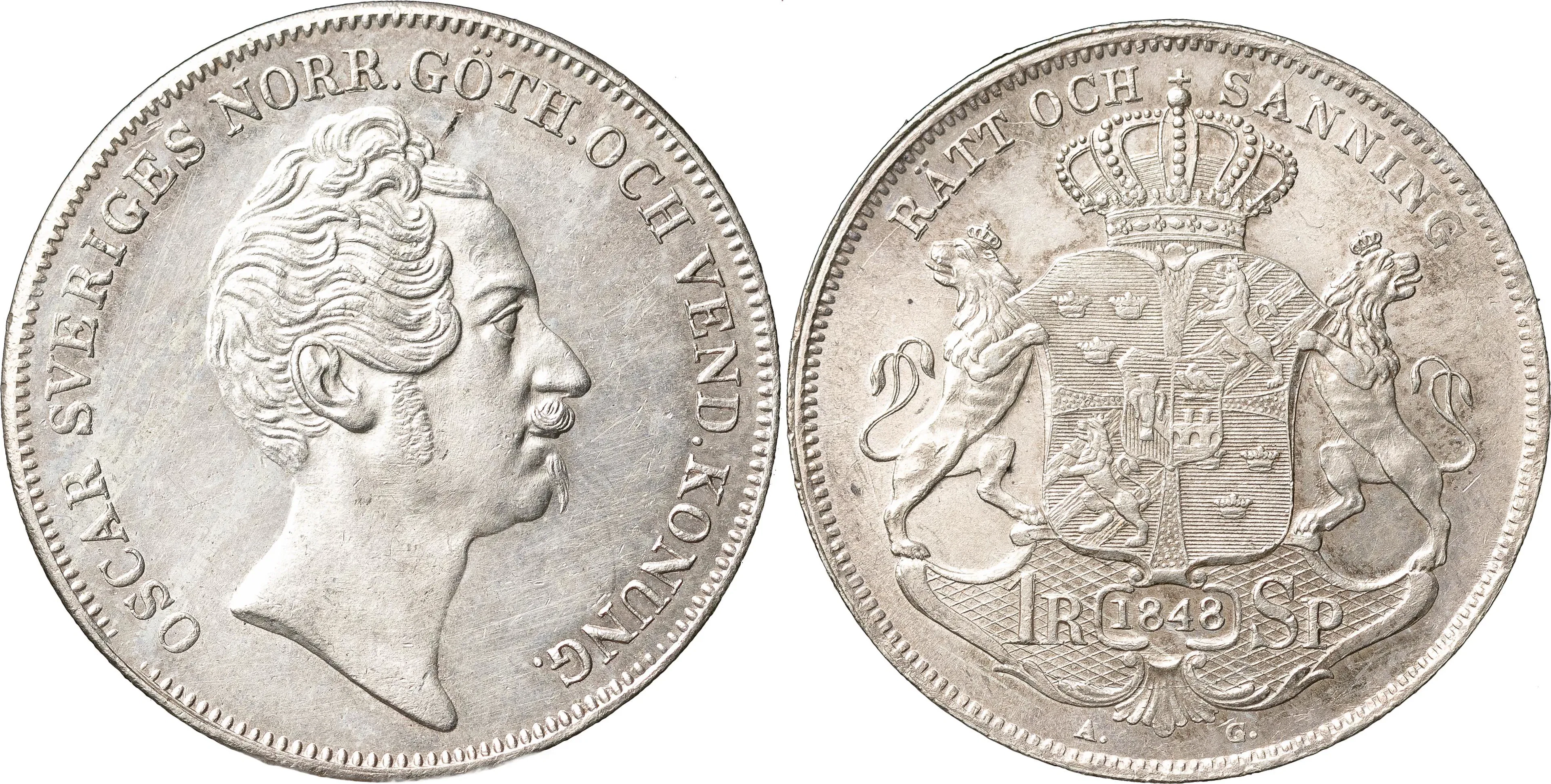 OSKAR I (1844-1859). Riksdaler specie 1848. SM 29