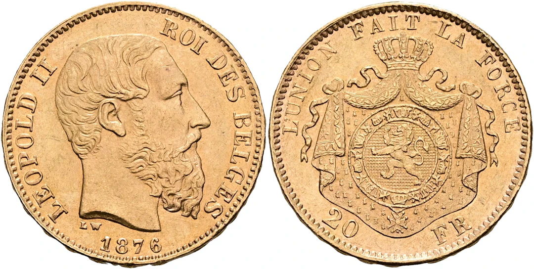 BELGIEN / BELGIUM. 20 francs 1876