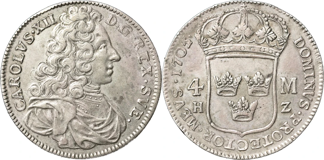 KARL XII (1697-1718). STOCKHOLM. 4 mark 1705
