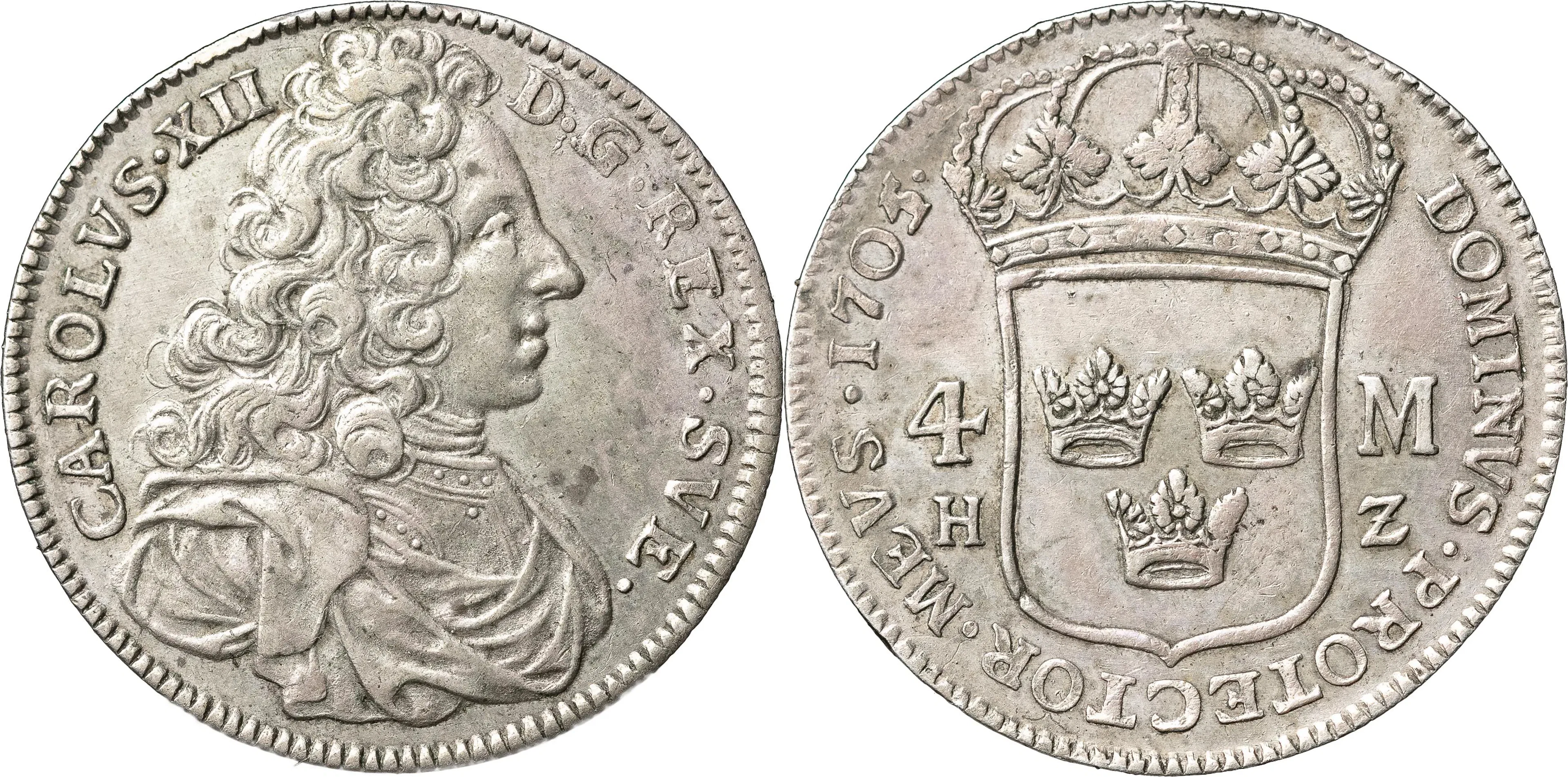 KARL XII (1697-1718). STOCKHOLM. 4 mark 1705