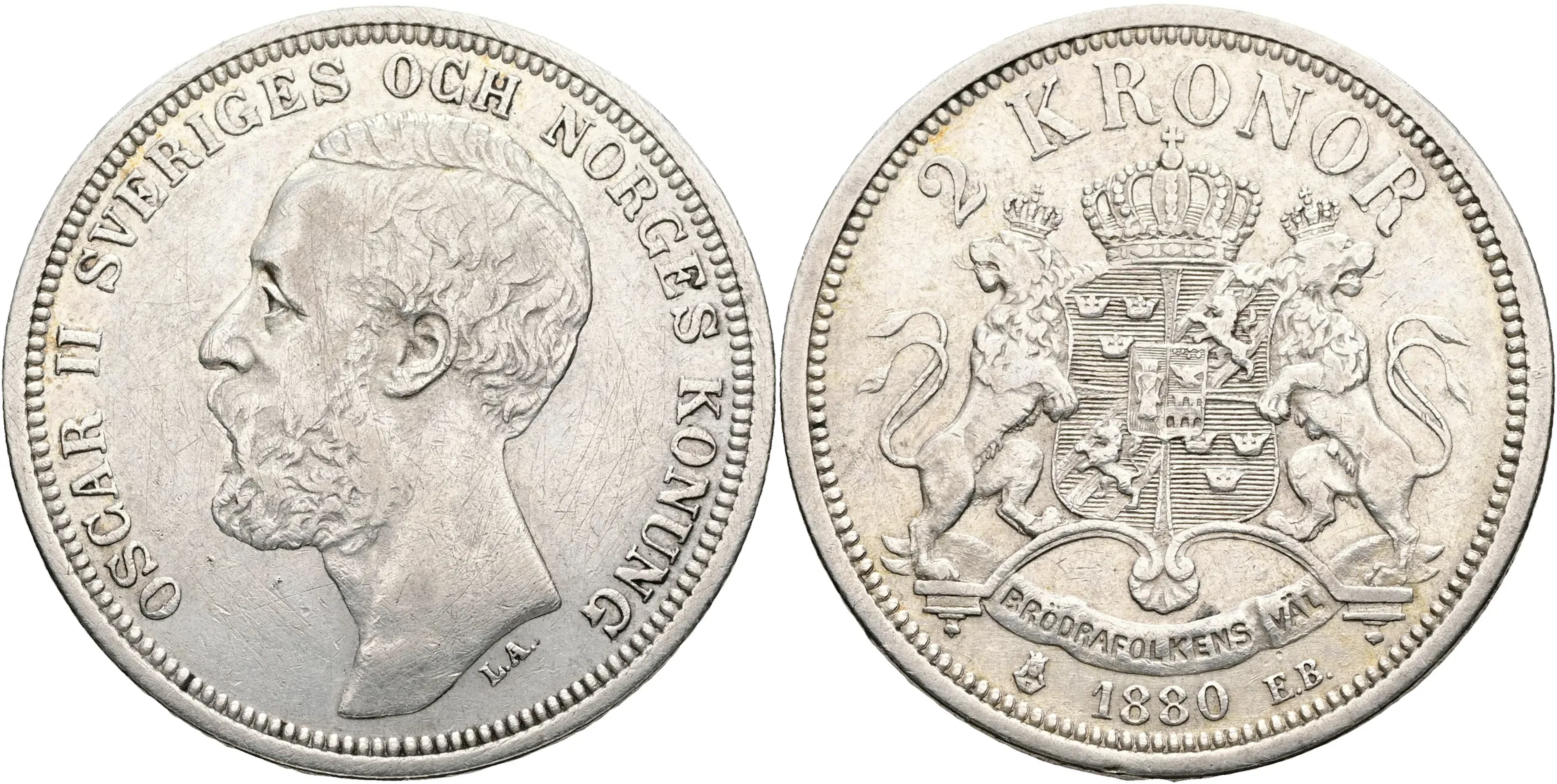 OSKAR II (1872-1907). 2 kronor 1880