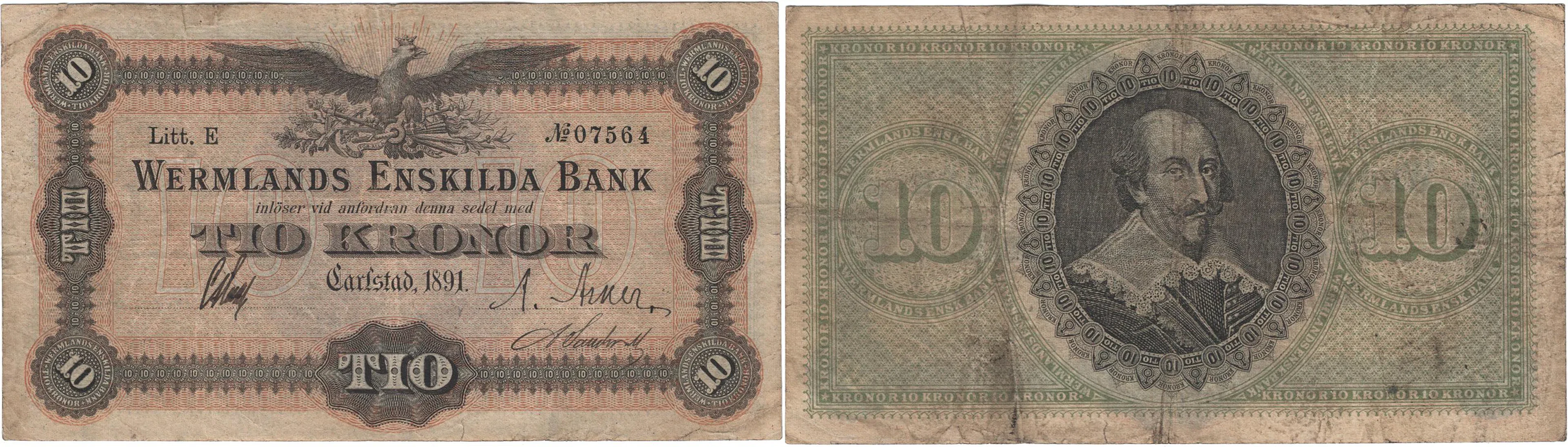 WERMLANDS PROVINCIAL-BANK. Sjunde oktrojen. 10 kronor 1891
