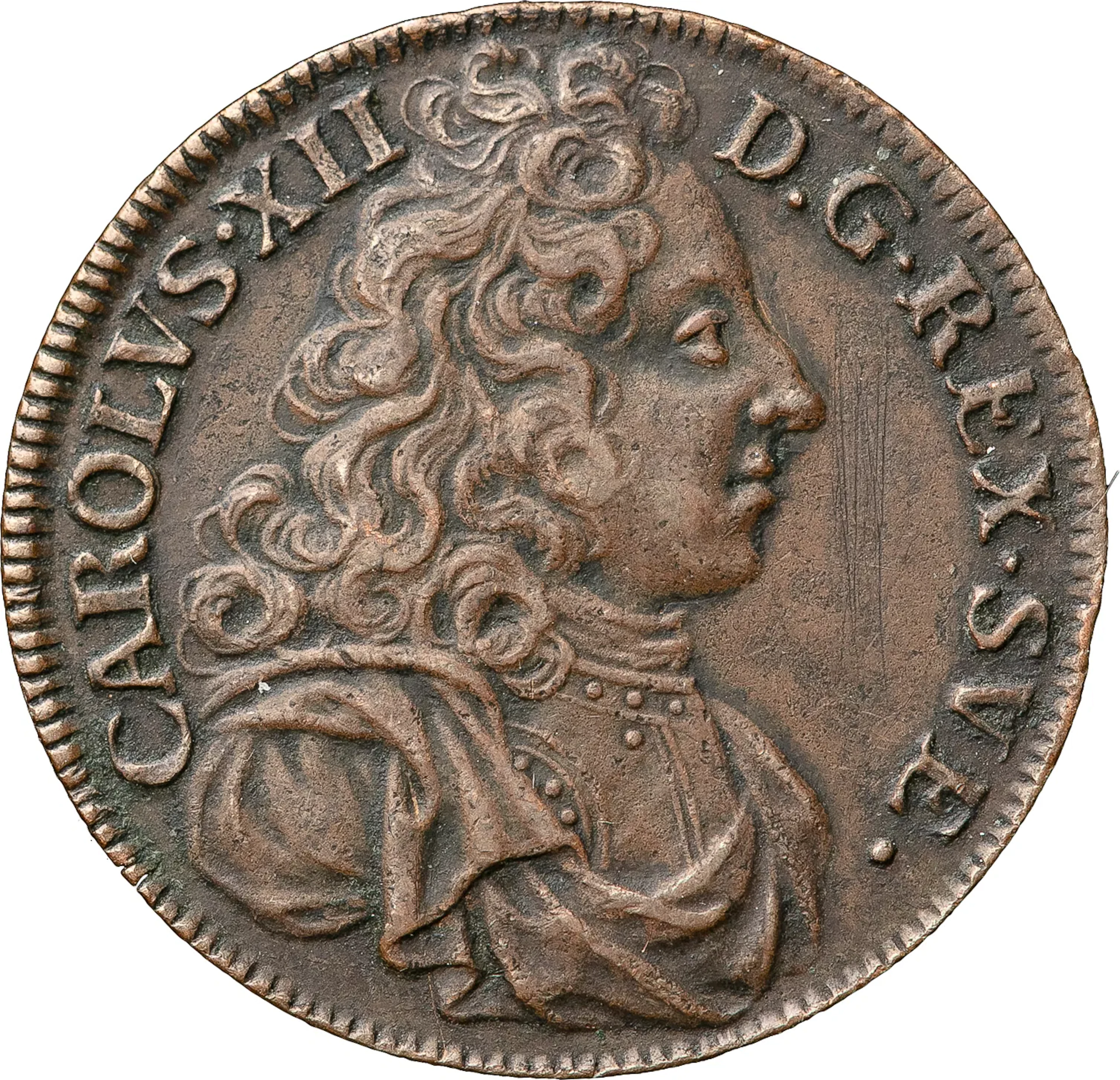 KARL XII (1697-1718). STOCKHOLM. Ensidigt avslag i koppar av åtsida till 2 mark