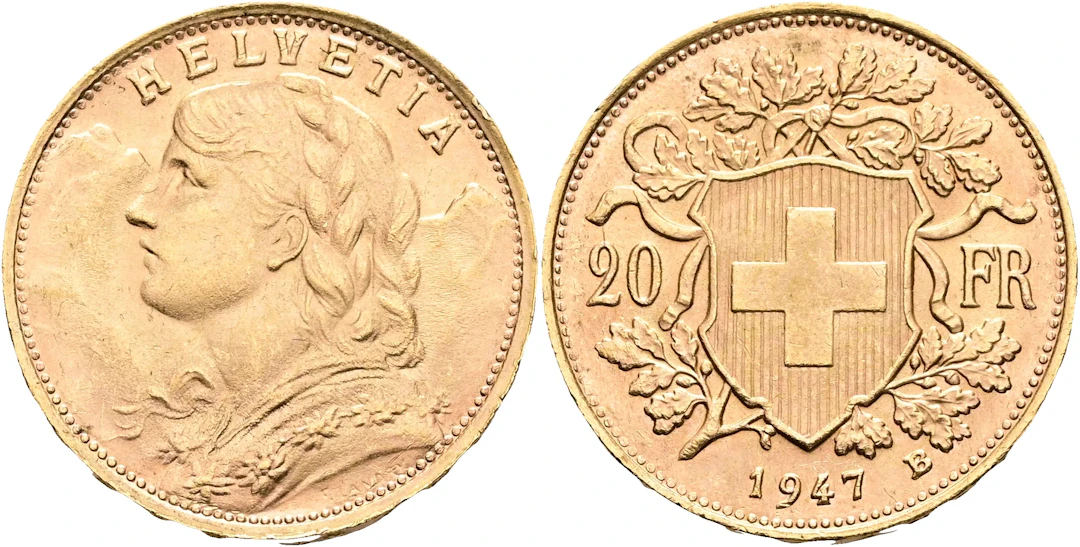 SCHWEIZ / SWITZERLAND. 20 francs 1947
