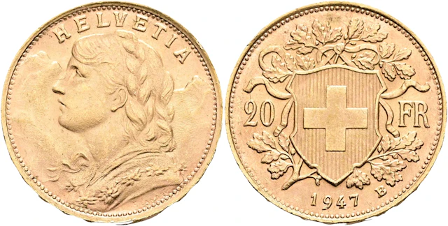 SCHWEIZ / SWITZERLAND. 20 francs 1947