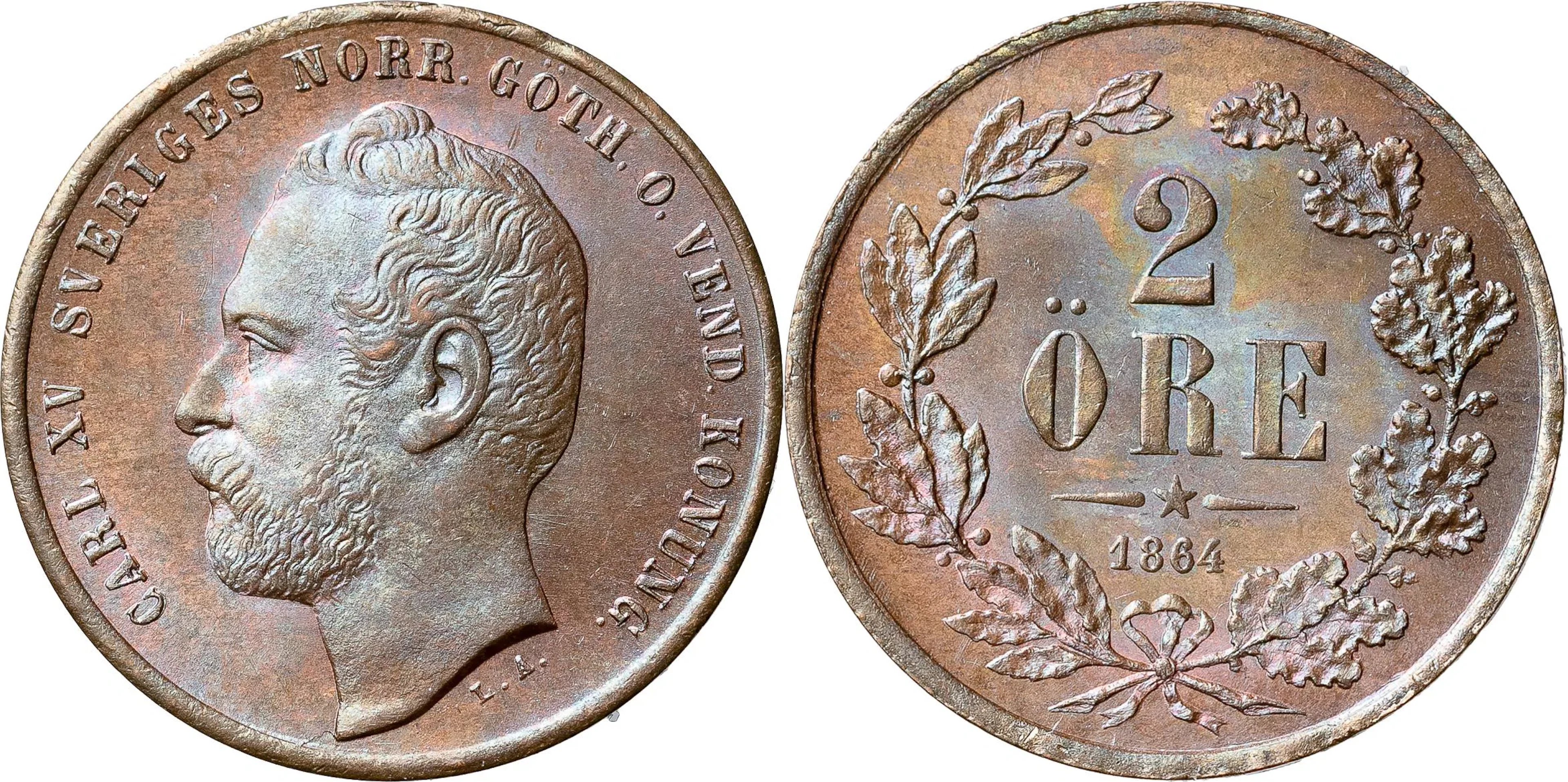KARL XV (1859-1872). 2 öre 1864. SM 64
