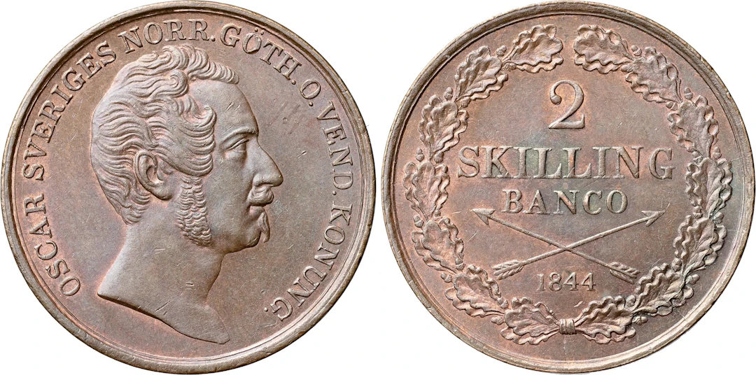 OSKAR I (1844-1859). 2 skilling banco 1844. SM 76