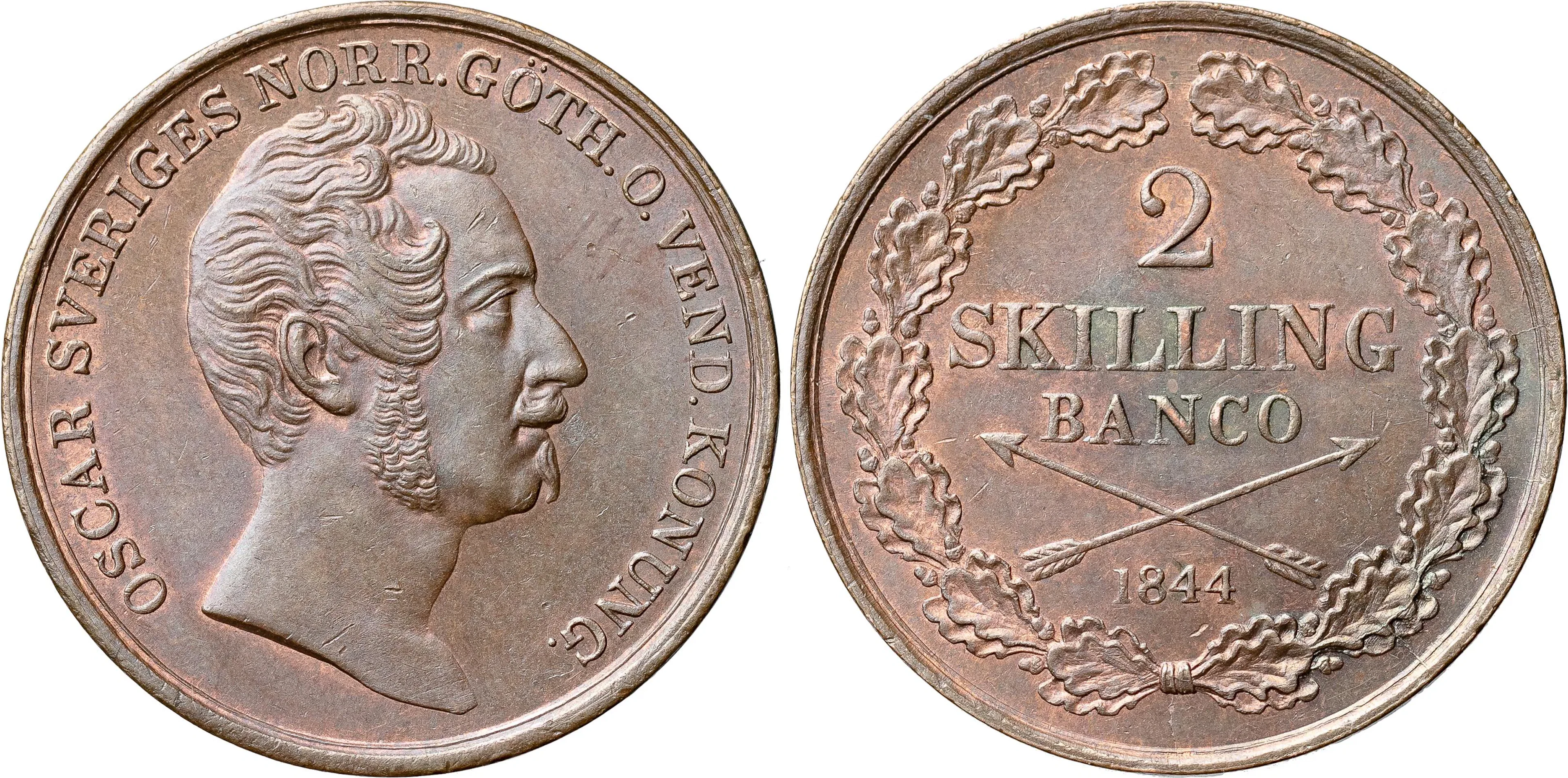 OSKAR I (1844-1859). 2 skilling banco 1844. SM 76