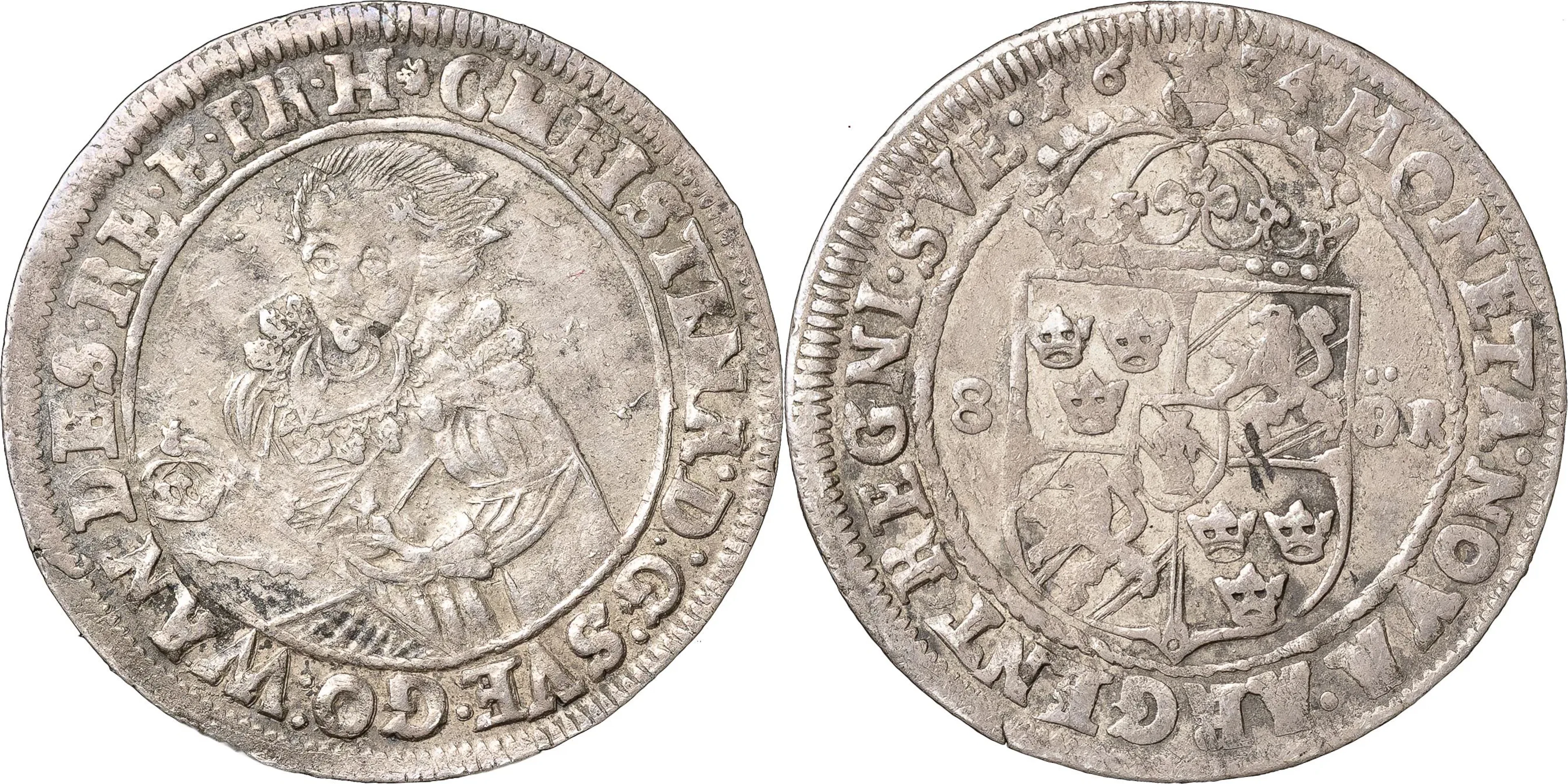 KRISTINA (1632-1654). STOCKHOLM. 8 öre (mark) 1634