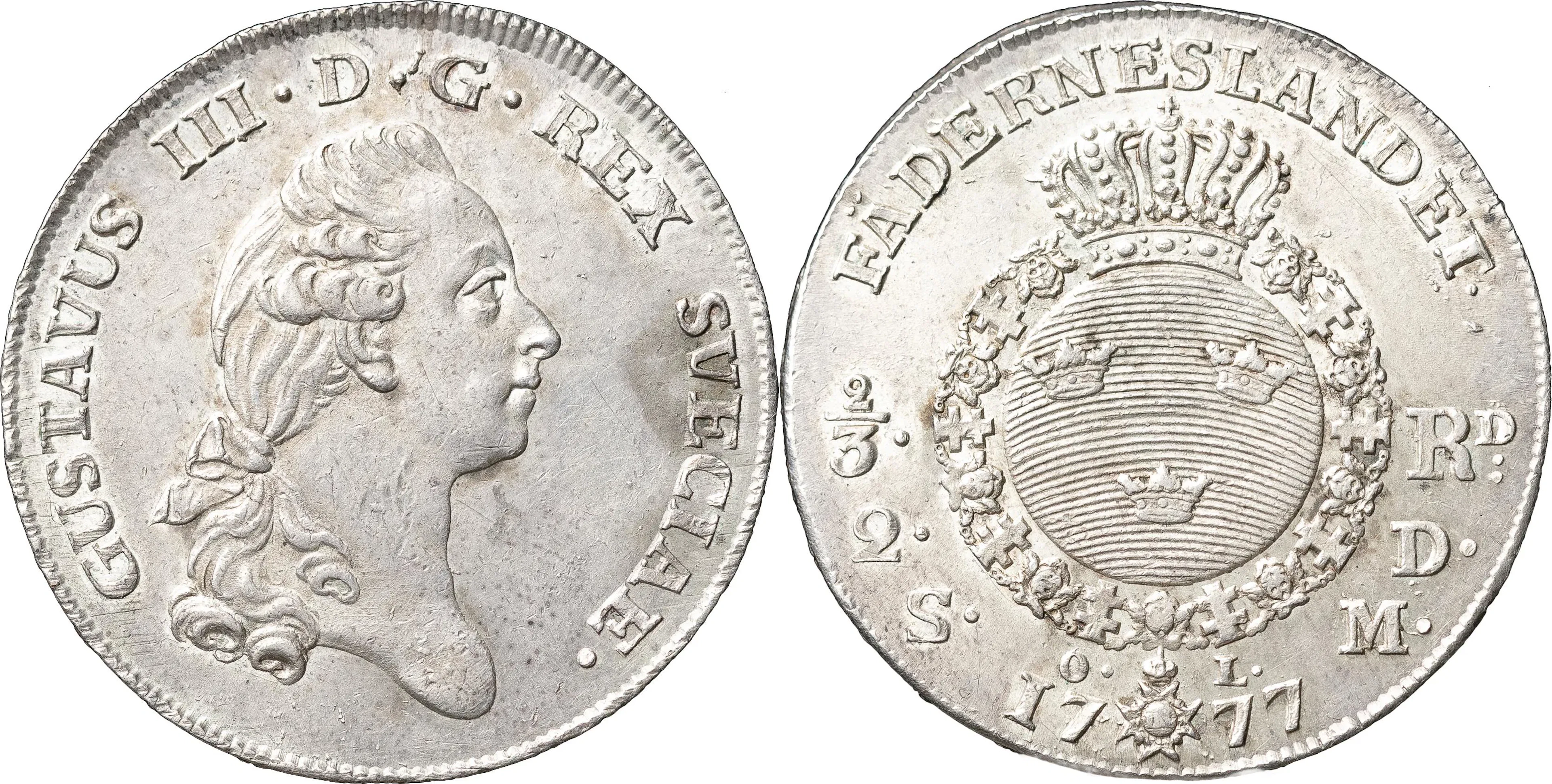 GUSTAV III (1771-1792). STOCKHOLM. 2/3 riksdaler (2 daler SM) 1777