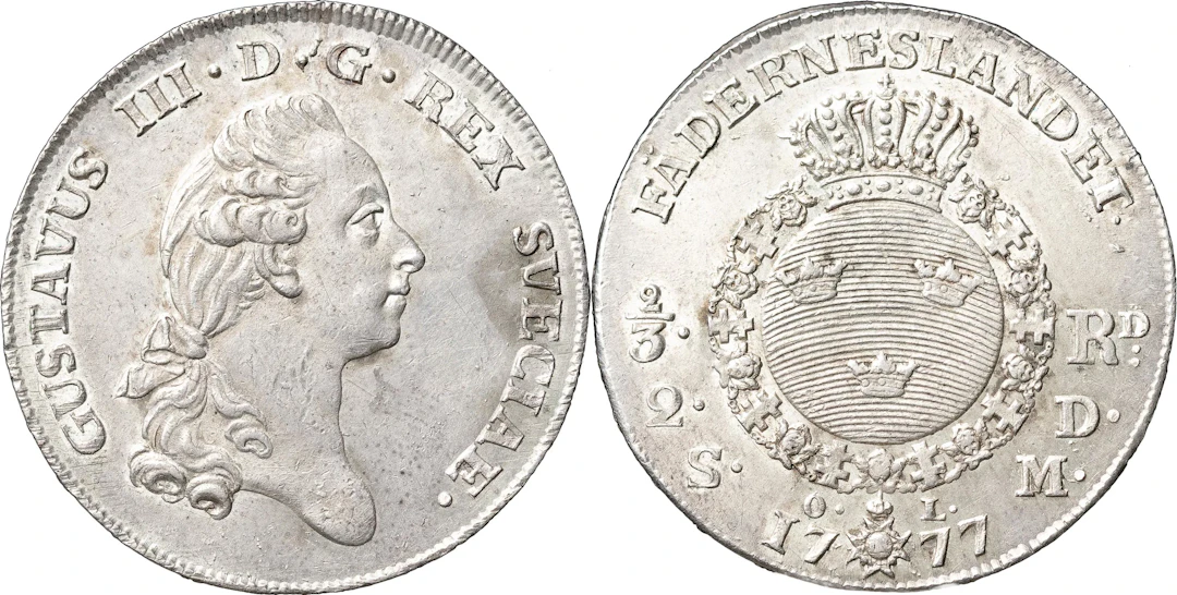 GUSTAV III (1771-1792). STOCKHOLM. 2/3 riksdaler (2 daler SM) 1777