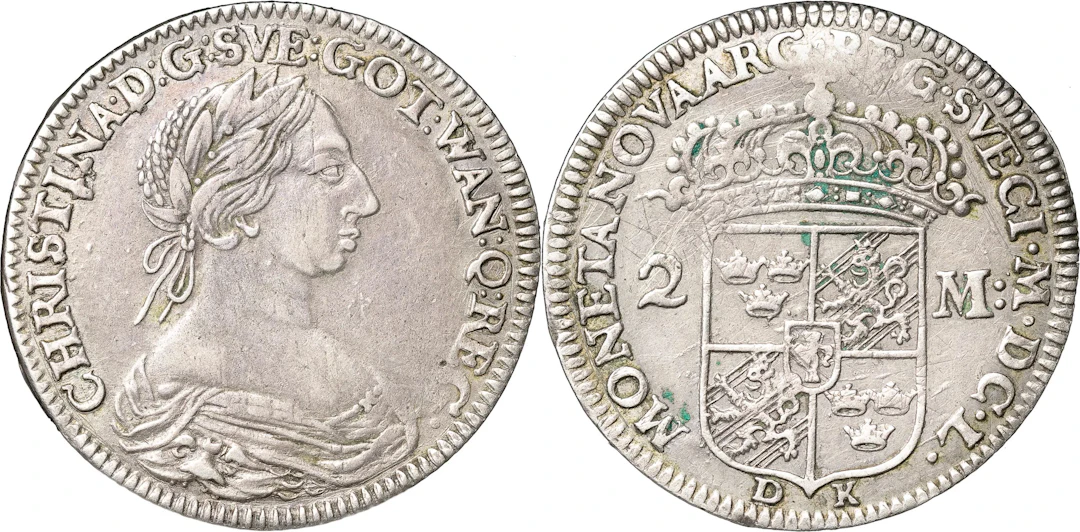 KRISTINA (1632-1654). STOCKHOLM. 2 mark 1650