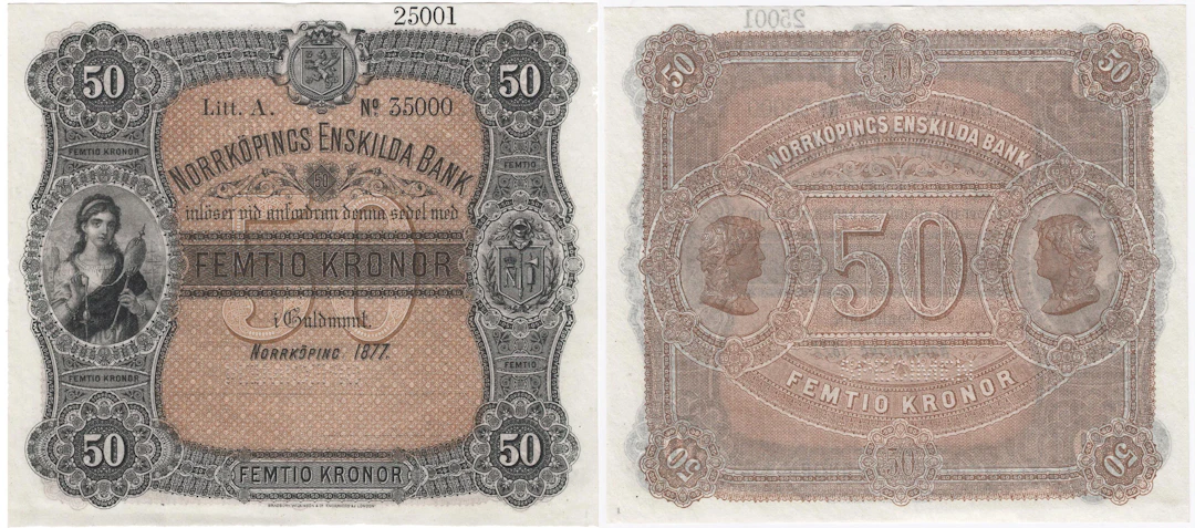 NORRKÖPINGS ENSKILDA BANK. Tredje oktrojen. 50 kronor 1877