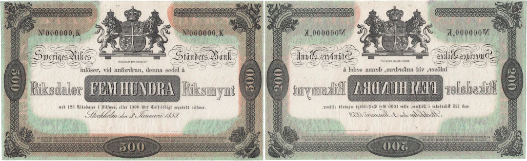 500 riksdaler riksmynt 1859. Nr 000000, K